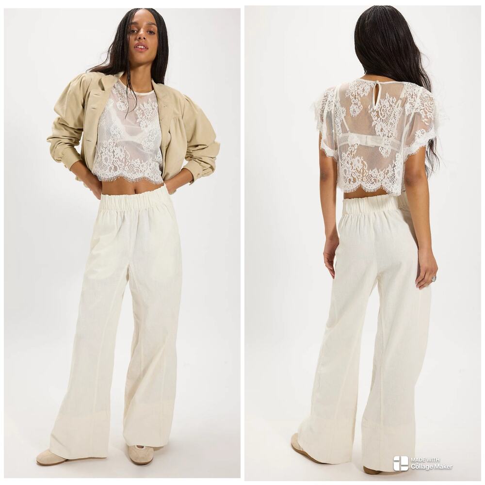 Free People Days End Pull-On Linen Blend Wide Leg Pants Clean Ivory Small Boho